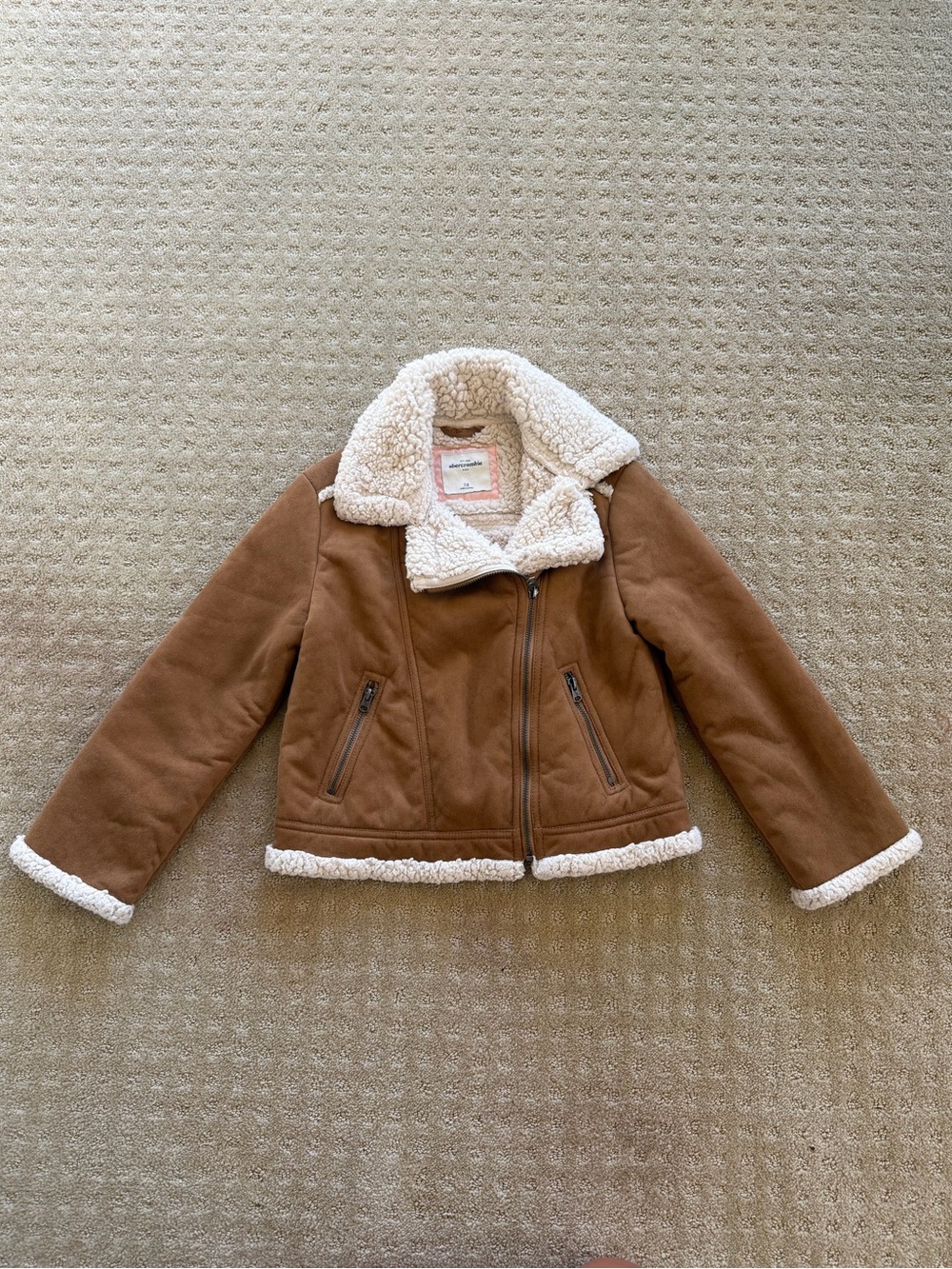 Abercrombie Kids’ Girls’ Tan Faux Suede/Sherpa Aviator Jacket, Size 7/8